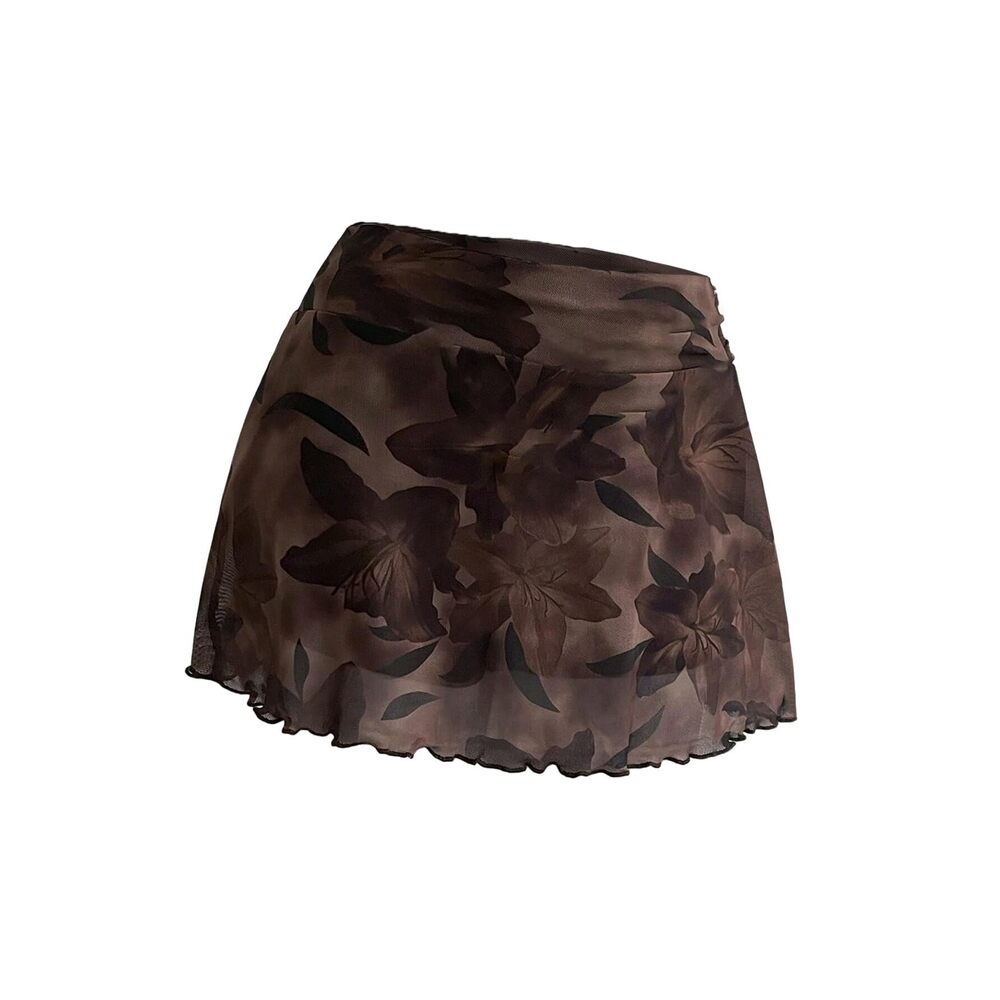 1231 Floral Retro Mini Skirt with Shorts Low Rise Lettuce Trim Mesh Sheer A